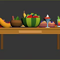 Colorful Toy Food Display On Table With Banana Watermelon Cake Ice Cream Cups And Drinks