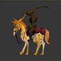Mythical Character Riding Yellow Horned Creature With Red Saddle And Ornate Horns