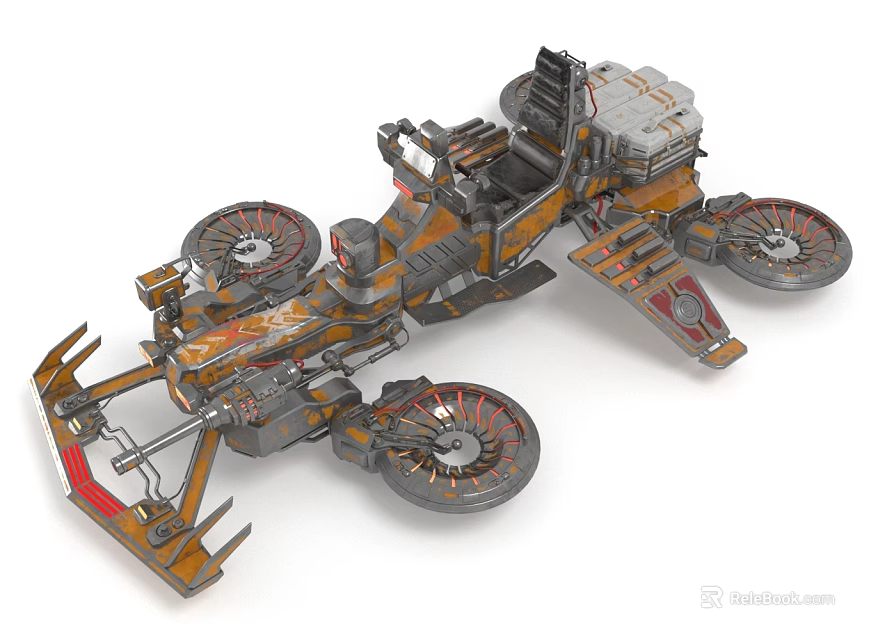 Futuristic Three Wheeled Vehicle With Orange Gray Mechanical Structure And Gear 3d model 