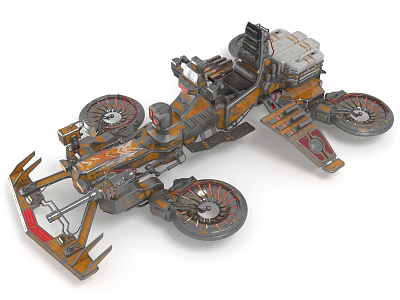 Futuristic Three Wheeled Vehicle With Orange Gray Mechanical Structure And Gear 3d model