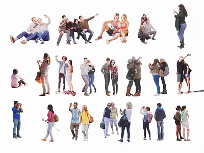 Diverse Group of People in Various Casual Poses Taking Photos and Interacting Together 3d model