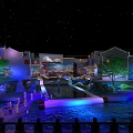 Traditional Chinese Themed Stage With Lanterns Curved Eaves Water Features And Night View Projection