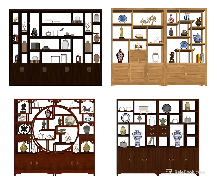 Traditional Curio Shelves With Various Designs Wooden Frames And Decorative Antiques 3d model 