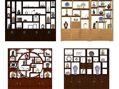 Traditional Curio Shelves With Various Designs Wooden Frames And Decorative Antiques 3d model