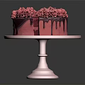 Layered Pink Cake With Flower Decorations And Chocolate Drizzle On Pink Stand