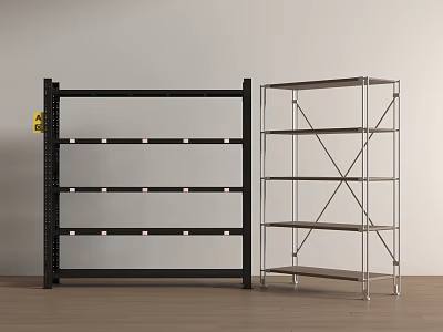 Black and Silver Sturdy Metal Shelves with Multi Tier Against Gray Wall on Wood Floor 3d model