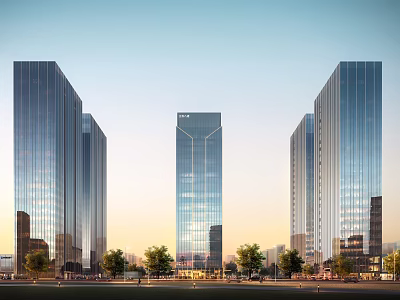 Three Tall Modern Office Buildings With Glass Curtain Walls At Twilight Near Trees And Road 3d model