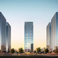 Three Tall Modern Office Buildings With Glass Curtain Walls At Twilight Near Trees And Road