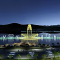 Dazzling Nighttime Scenery With Illuminated Fountains Mountains And Calm Reflective Water
