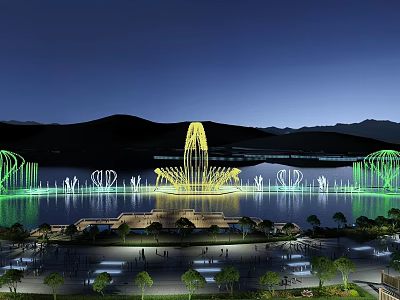 Dazzling Nighttime Scenery With Illuminated Fountains Mountains And Calm Reflective Water 3d model