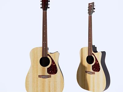 Two Wooden Acoustic Guitars With Natural Wood Finish Classic Design And Elegant Body Shape 3d model