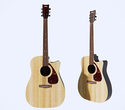 Two Wooden Acoustic Guitars With Natural Wood Finish Classic Design And Elegant Body Shape 3d model
