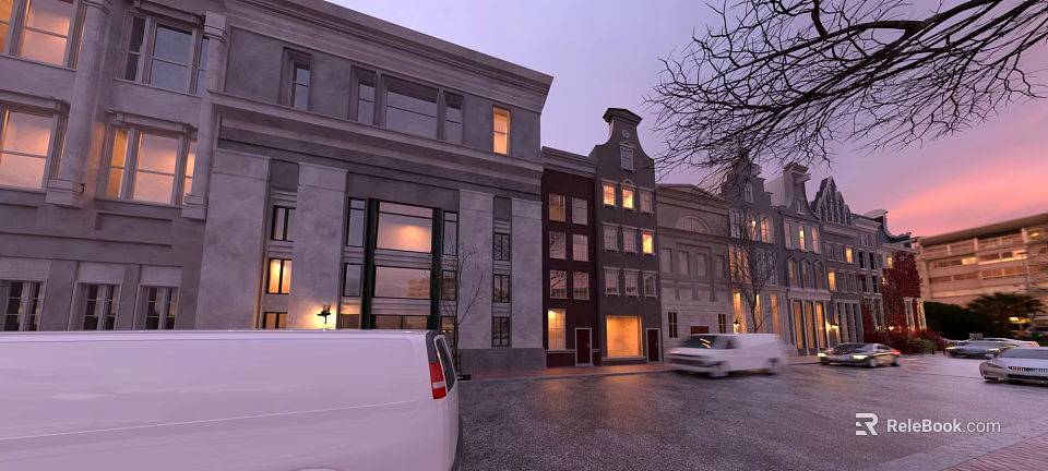 Swing Door Exterior For Historic Urban Buildings In Evening Street View 3d model 