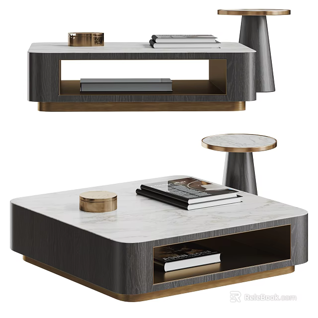Modern Coffee Table With Marble Top Gold Frame Books And Lower Storage Shelf 3d model 