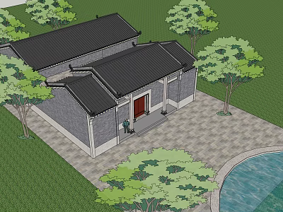 Traditional Ancient Chinese Architecture with Gray Walls Black Tiled Roof Red Door Pond and Trees 3d model
