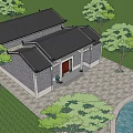 Traditional Ancient Chinese Architecture with Gray Walls Black Tiled Roof Red Door Pond and Trees
