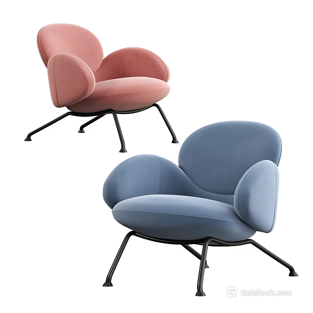 Modern Single Sofa In Pink And Blue With Curved Arms And Black Metal Legs 3d model 