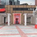 Modern Showroom Interior With Red LOGO Wall Reception Wooden Walls Marble Floor And Car Models