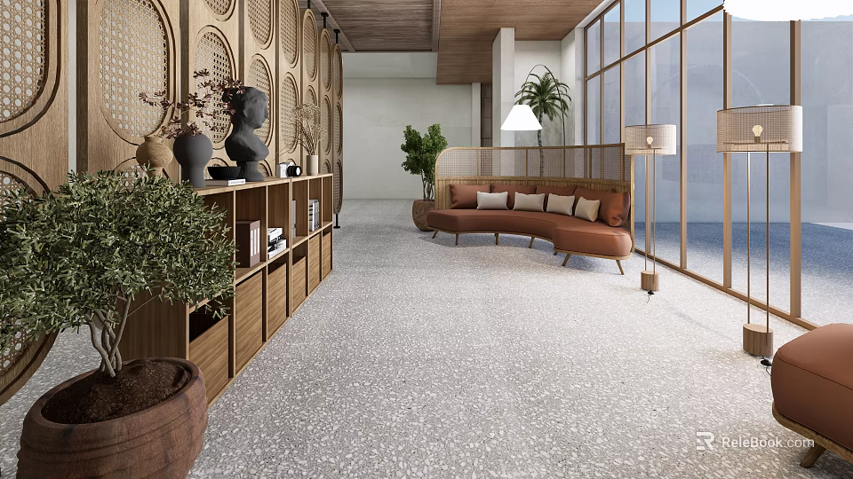 Elegant Modern Hotel Public Lounge Interior With Terrazzo Floor Curved Sofa And Potted Plants 3d model 