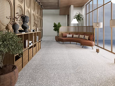 Elegant Modern Hotel Public Lounge Interior With Terrazzo Floor Curved Sofa And Potted Plants 3d model