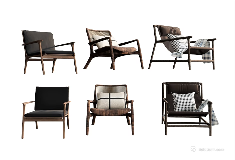 Stylish Leisure Chairs With Various Designs Wooden Frames And Comfortable Cushions 3d model 