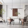 Elegant Modern Restaurant Interior With Dining Table Chairs Pendant Lights And Plants