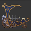 Vintage Ornate Carriage With Blue Canopy Gold Accents And Wooden Wheels