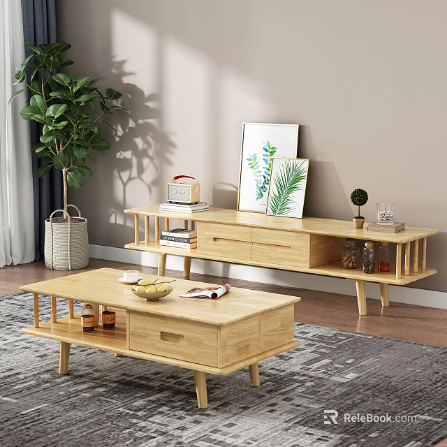 Modern Living Room With Wooden Coffee Table TV Stand Green Plant Decorative Painting And Rug 3d model 