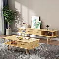 Modern Living Room With Wooden Coffee Table TV Stand Green Plant Decorative Painting And Rug