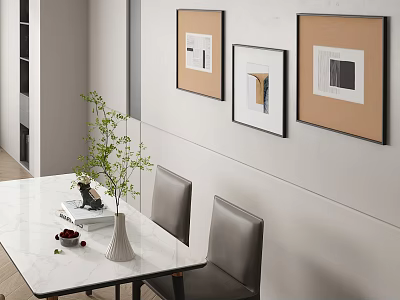 Modern Dining Table Set with White Marble Top Grey Chairs Wall Art and Vase Plants 3d model