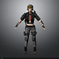 3D Tactical Female Character Wearing Goggles Black Jacket Red Tie Camouflage Pants and Arm Tattoos