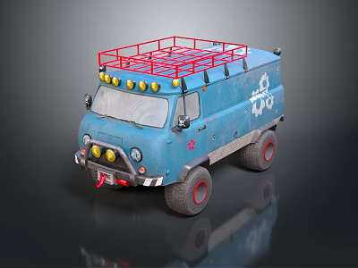 Blue Off Road Vehicle With Red Roof Rack Yellow Lights And Gear Logo 3d model