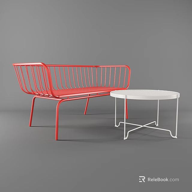 Red Metal Frame Double Sofa With Striped Design And White Round Side Table 3d model 
