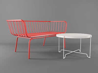 Red Metal Frame Double Sofa With Striped Design And White Round Side Table 3d model