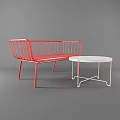 Red Metal Frame Double Sofa With Striped Design And White Round Side Table