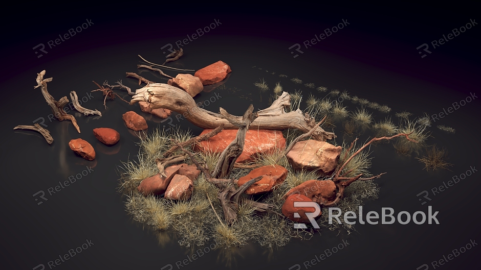 Modern Gobi Wilderness Rock Wild Grass Wood model