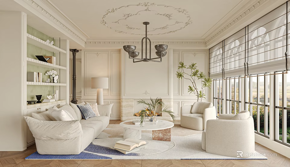 Elegant Cream Tone French Living Room Interior Design With Plush Sofa And Marble Coffee Table 3d model 