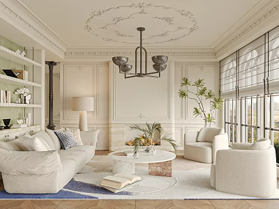 Elegant Cream Tone French Living Room Interior Design With Plush Sofa And Marble Coffee Table 3d model