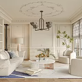 Elegant Cream Tone French Living Room Interior Design With Plush Sofa And Marble Coffee Table