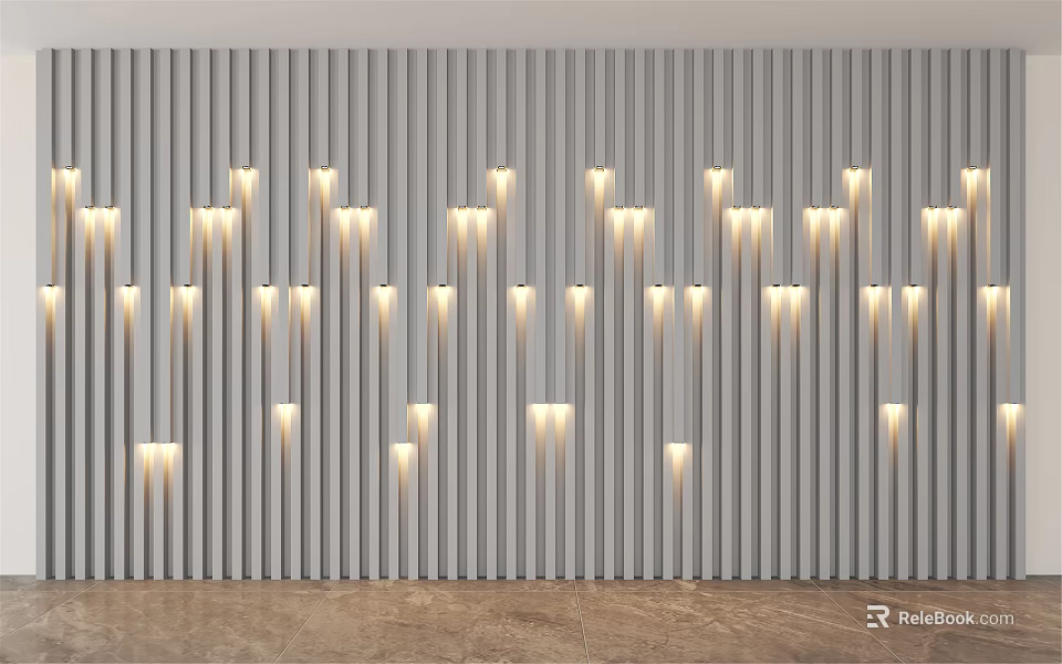 Modern Gray Vertical Striped Wall with Embedded Yellow Lights in Irregular Arrangement 3d model 