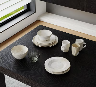 Modern Minimalist Dinnerware Set with White Bowls Plates Mugs and Glass on Black Wooden Table 3d model