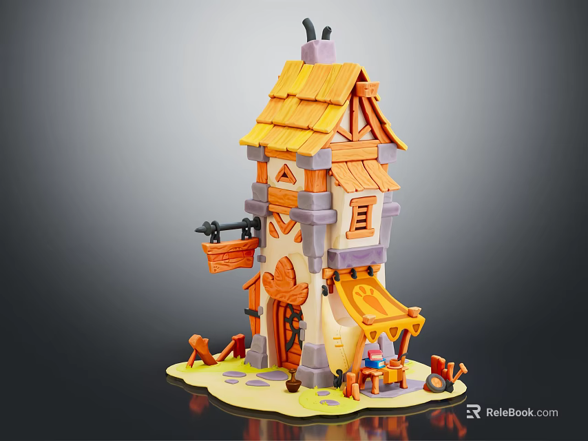 Cartoon Scene Featuring Cute Multi Story Tower With Yellow Roof Windows And Doorway Decorations 3d model 