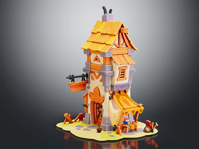 Cartoon Scene Featuring Cute Multi Story Tower With Yellow Roof Windows And Doorway Decorations 3d model