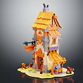 Cartoon Scene Featuring Cute Multi Story Tower With Yellow Roof Windows And Doorway Decorations
