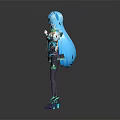 Anime Virtual Character With Blue Hair Twin Tails Blue White Outfit Black Stockings And Blue Heels