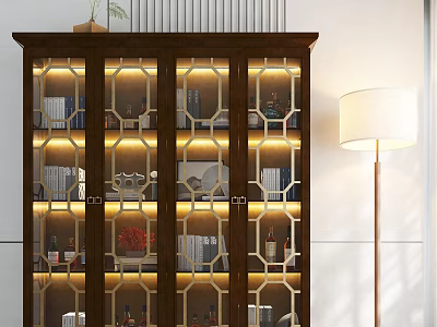 Elegant Dark Wood Wine Cabinet With Glass Doors Built-in Lighting And Wine Bottles 3d model