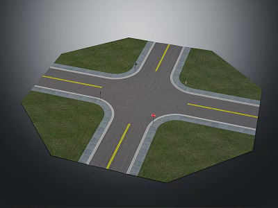 Octagonal Road Intersection With Grass Areas Yellow Traffic Lines And Stop Sign 3d model