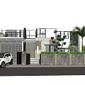 Modern Detached Villa Exterior Design With White Car Garage Palm Tree And Stone Wall
