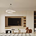 Modern Living and Dining Room Interior With Pendant Lights TV Wall Cabinets And Dining Chairs