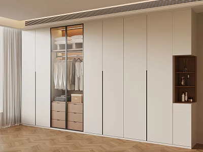 Modern White Wardrobe Interior Design With Glass Doors Hanging Clothes And Drawers 3d model